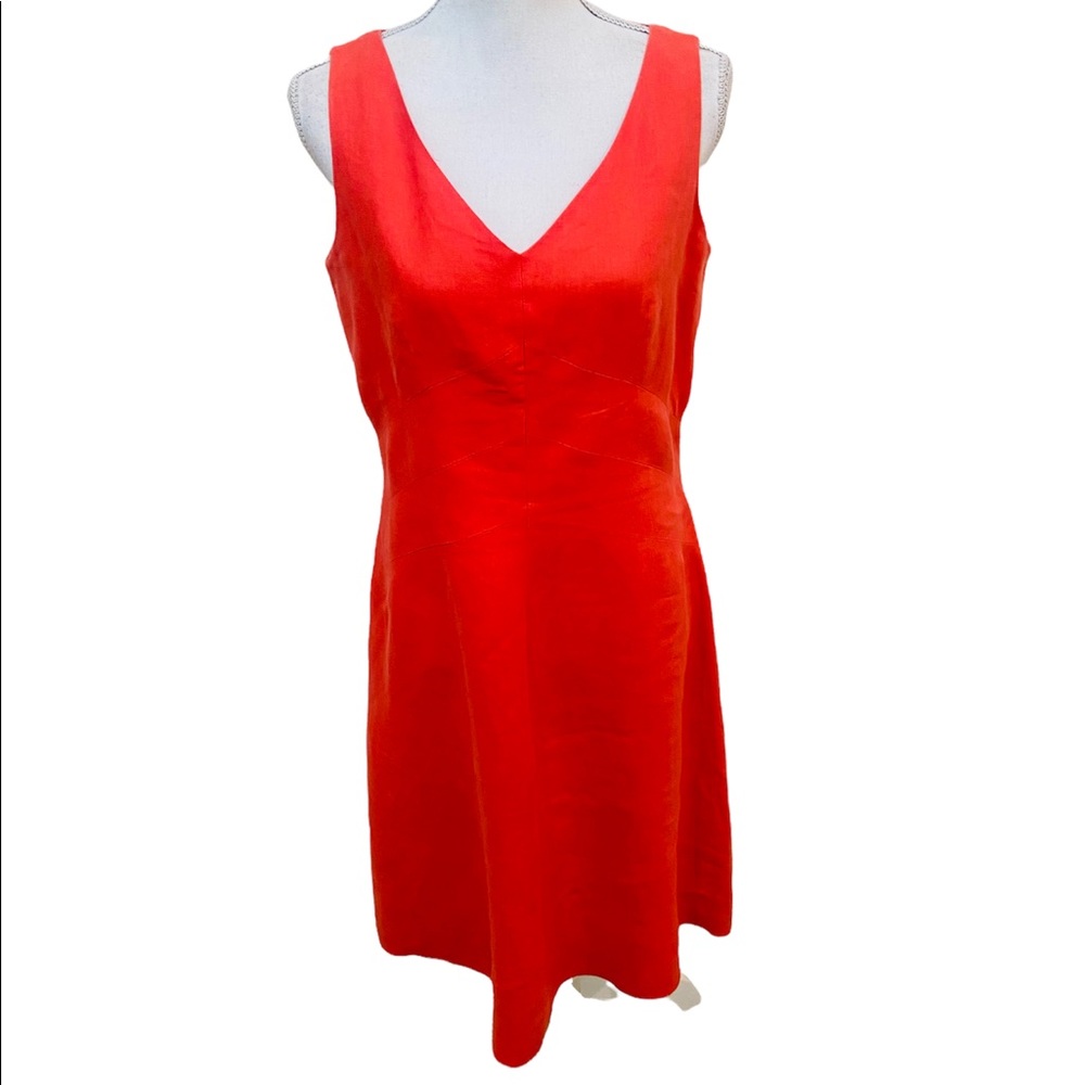 Fits like an 8, Talbots v neck 100% Irish linen lined sheath knee length dress
